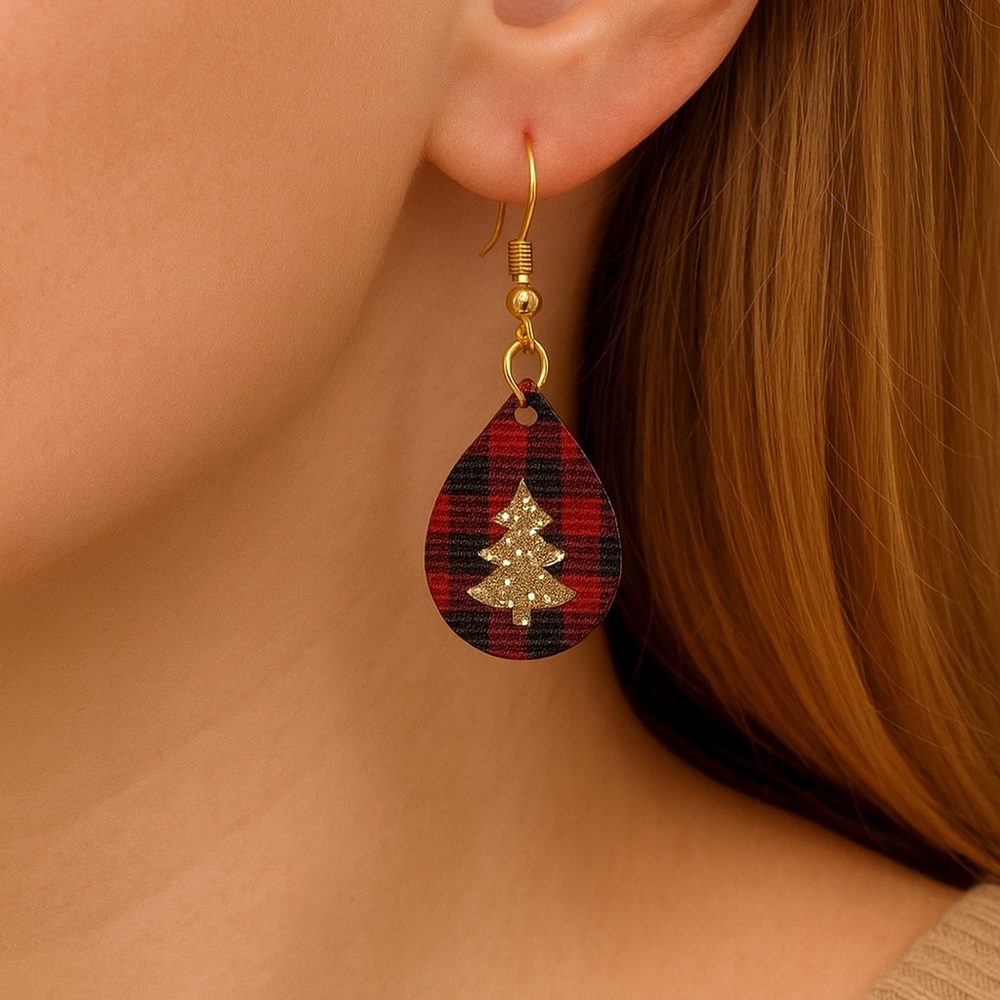 Buffalo Plaid‎ Glitter Tree Teardrop Earrings Lightweight Handmade by Kiki